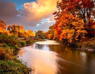 A vibrant autumnal scene capturing a serene river flowing through a forest of trees ablaze with colorful foliage under a dramatic sunset