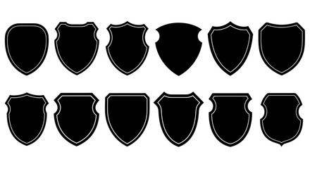 Collection of blank black heraldic shields and crests in various shapes and styles