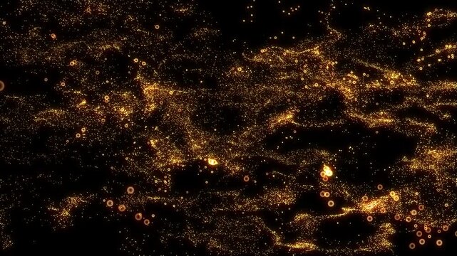 4K cinematic transition featuring rich golden glitter particles flowing dynamically from right to left (side swipe). The abstract particle cloud movement is luxurious and elegant, ideal for a stylish 