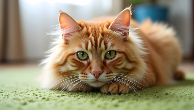 Ginger Cat's Gaze: A stunning ginger cat with captivating green eyes rests serenely, basking in the warmth of sunlight, radiating tranquility.