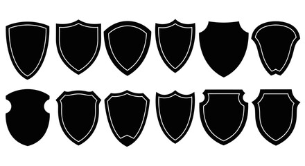 Collection of diverse black silhouette shield shapes isolated on white background