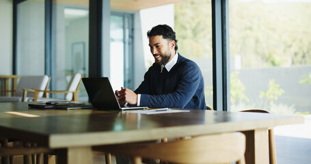 Laptop, happy and research with business man in office for real estate broker, property listing and...