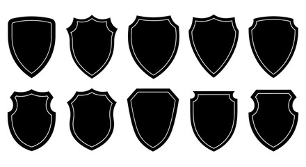Collection of ten unique black shield silhouettes with decorative borders on a white background