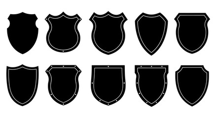 Collection of ten black silhouette shield shapes with grunge texture isolated on white background