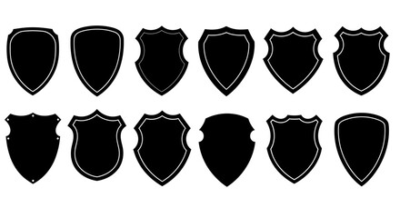 Collection of diverse shield silhouettes in a vintage hand drawn style on a white background
