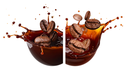 Pair of Coffee Bean Splash Variations isolated on transparent background