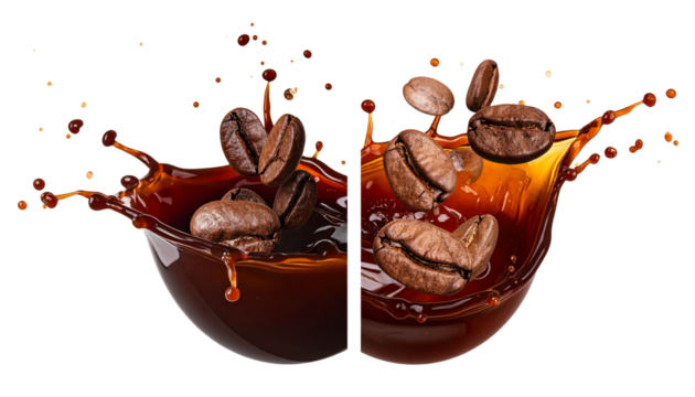 Pair of Coffee Bean Splash Variations isolated on transparent background