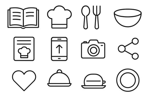 Culinary Icon Collection. Recipe Sharing linear icon set: open book, chef hat, spoon, fork, mixing bowl, recipe card, smartphone, upload arrow, camera, share icon, heart, dish