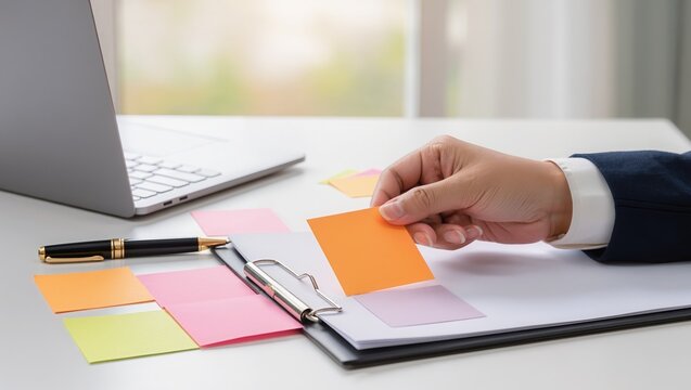 Person in business attire holding an orange sticky note over a tablet during a planning session. Ideal for time management, brainstorming, and project strategy themes