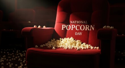 National popcorn day, a red velvet cinema seat with popcorn spilled on it and around it, with the text national popcorn day on the seat
