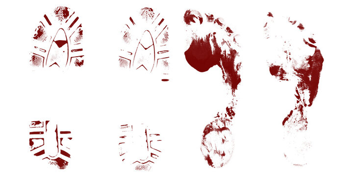 Bloody red shoe sole prints and barefoot tracks, forensic investigation.