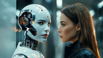 A Futuristic Encounter: Woman Faces Advanced Humanoid Robot in a Dystopian Urban Setting Illuminated by Ambient Light - Powered by Adobe
