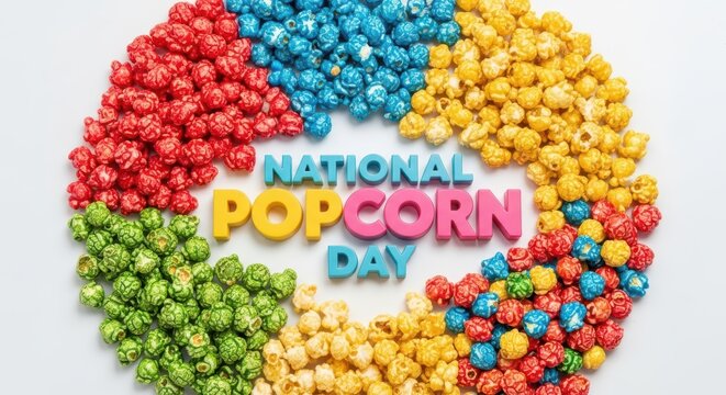 Colorful popcorn arranged in a circle with text national popcorn day in the center