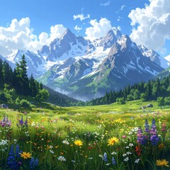 A vibrant mountain landscape featuring a lush meadow filled with wildflowers, against snowy peaks under a bright blue sky