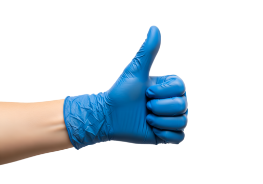 blue medical gloves shows a gesture class, thumbs up, excellent, ok. Isolated on a transparent background. Medicine and health care concept