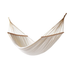 Simple off-white hammock, wood bars, rope knots, on black backdrop
