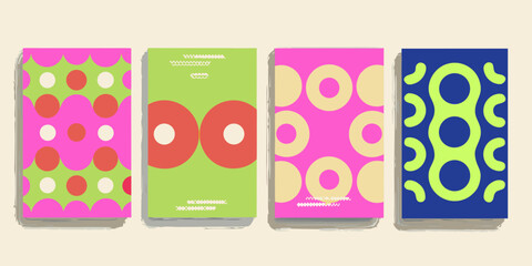 Collection of four vibrant abstract geometric pattern designs on rectangular cards with shadow effects