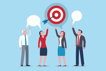 Diverse business team celebrates achieving a shared goal with an arrow hitting the bullseye on a target