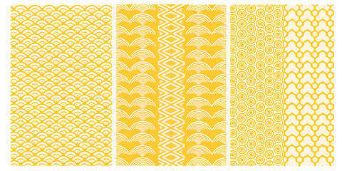 Collection of five seamless geometric patterns in yellow and white with traditional japanese and tribal influences