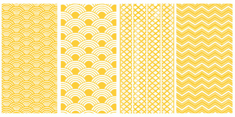 Collection of five seamless yellow and white geometric patterns with wave and chevron designs