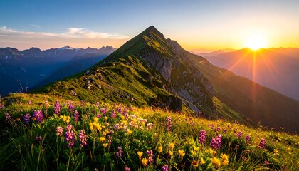 A vibrant sunset casts golden rays over a lush alpine meadow with a jagged mountain ridge. Wildflowers in bloom