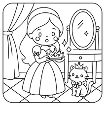Cute princess holding crown with royal cat in dressing room coloring page