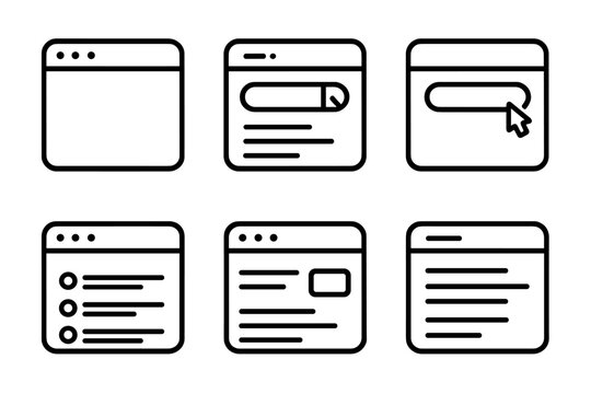 Web Search Icons. Web Search linear icon set: browser window, search engine page, keyword typing, result ranking, link preview, highlighted text.