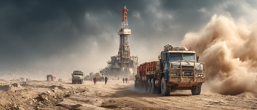 Industrial Truck Driving on Dirt Road with Towering Oil Rig and Dusty Sky