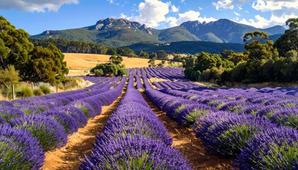 A vibrant field of purple lavender blooms, with rows extending towards a mountain range under a blue sky. Rolling hills and trees flank the scene