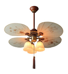 Ornate ceiling fan with four lights, aged cream-colored blades