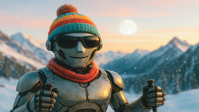 A futuristic humanoid robot wearing sunglasses and a colorful winter hat with a pom-pom, holding ski poles in a snowy mountain landscape during sunrise — a blend of technology and outdoor adventure.

