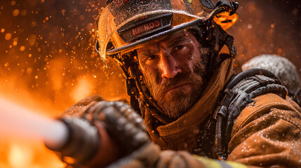 Firefighter Spraying Water with Determination and Protective Gear