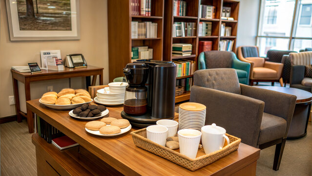 Coffee break station with snacks and drinks in a cozy office lounge setting
