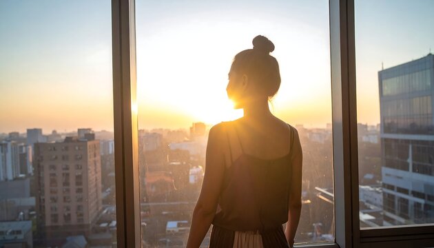 A person in a sleek top stands before a large window, looking towards a cityscape bathed in golden sunlight. The person's silhouette is visible