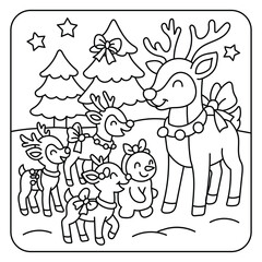 Cute reindeer family with little animals in winter forest coloring page