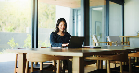 Laptop, typing and smile with business woman in office for real estate broker, property listing and...