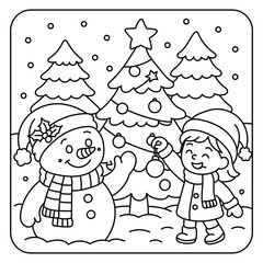 Cute snowman and child decorating Christmas tree coloring page