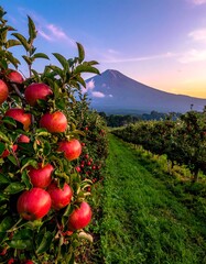 A vibrant orchard showcases rows of apple trees laden with ripe red fruit. A majestic mountain forms a scenic background at dusk