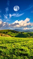 A vibrant scenic view features a green field, rolling hills, and a bright blue sky dotted with puffy clouds and a full moon