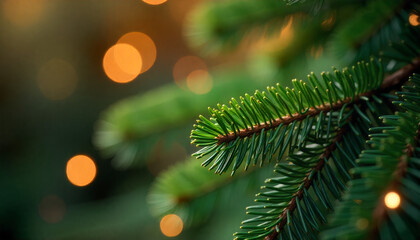 Vibrant Green Fir Tree Branch Adorned with Sparkling Festive Bokeh Lights, Capturing the Cozy Holiday Spirit