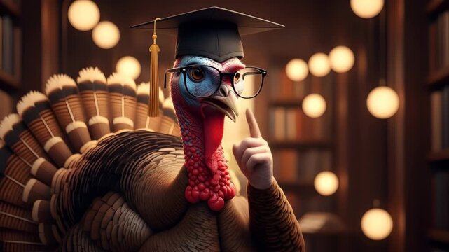 Smart turkey wearing graduation cap and glasses in library