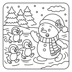 Cute snowman playing with penguins in winter scene coloring page