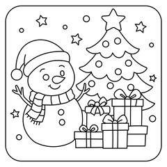 Cute snowman with Christmas gifts and decorated tree coloring page