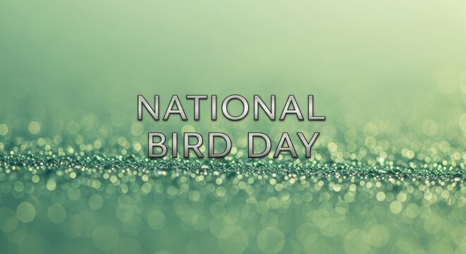 National bird day text with a metallic sheen set against a soft, sparkling green bokeh background, creating an elegant and celebratory mood