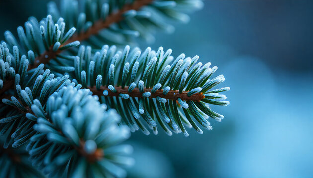 A serene close-up of a beautiful evergreen fir branch with needles covered in white winter frost
