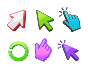 A set of 3D glossy plastic cursor icons, arrow, hand pointer, loading spinner, isolated on transparent background, PNG