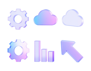 A set of glassmorphism UI icons (gear, cloud, chart arrow) rendered as translucent glossy 3D, isolated on transparent background, PNG