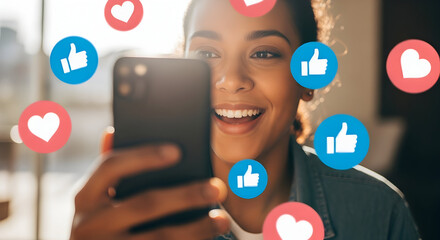 Excited woman using mobile phone surrounded by social media likes and hearts creating positive engagement and connection in the digital world enjoying content on social platform expressing happiness