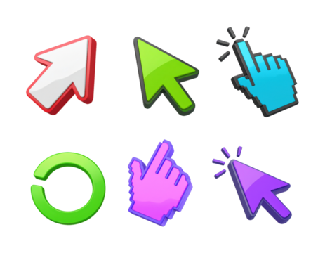 A set of 3D glossy plastic cursor icons, arrow, hand pointer, loading spinner, isolated on transparent background, PNG