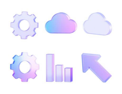 A set of glassmorphism UI icons (gear, cloud, chart arrow) rendered as translucent glossy 3D, isolated on transparent background, PNG - Powered by Adobe